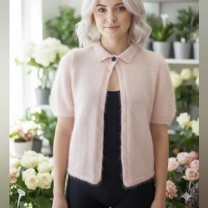 SWEET💝SO Soft BABY PINK MOHAIR Cardigan Sweater with 2 Black Button Closure Sz
